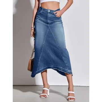 Fisoew Womens Denim Maxi Skirt Casual High Waist A-Line Frayed Irregular Hem Long Jean Skirt