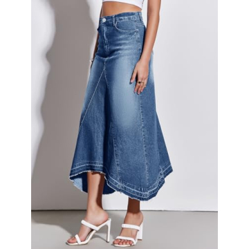 Fisoew Womens Denim Maxi Skirt Casual High Waist A-Line Frayed Irregular Hem Long Jean Skirt