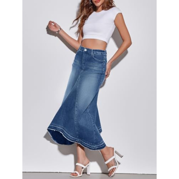 Fisoew Womens Denim Maxi Skirt Casual High Waist A-Line Frayed Irregular Hem Long Jean Skirt