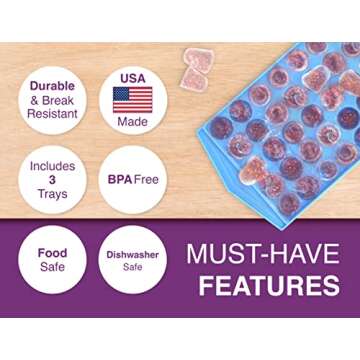 Arrow Small Ice Cube Trays for Freezer, Ice Coffee and Blenders, 3 Pack, 60 Mini Cubes Per Tray, 180 Total, Made in the USA, BPA Free Plastic, Ideal, Blue
