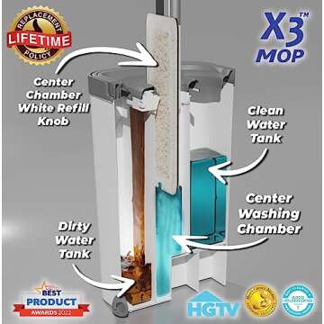 X3 Mop, Separates Dirty and Clean Water, 3-Chamber Design, Flat Mop and Bucket Set, Hands Free Home Floor Cleaning, 3 Reusable Microfiber Mop Pads Included