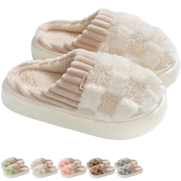 iwhgrmp Checkerboard Slippers Plaid Couple Fuzzy House Winter Warm Slippers for Women Men Checkered ...