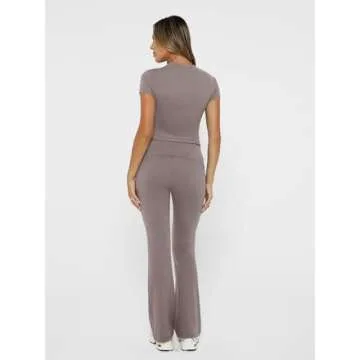 Trendy Queen Lounge Sets For Women 2 Piece Casual Y2K Outfits Short Sleeve Cropped Tops Fold Over Flare Pants Tracksuits CoffeeGrey M