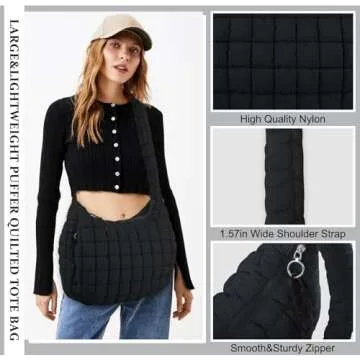 Quilted Puffer Tote Bag for Women,Large Puffy Crossbody Shoulder Bag Lightweight Nylon Hobo Bag with Zipper,Purse Puffy Quilted Carryall Bag Soft Oversized Padding Handbag for Daily Travel(Black)