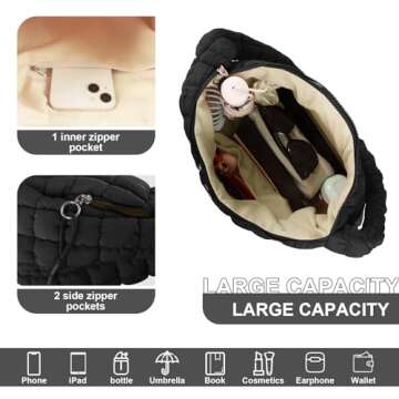 Quilted Puffer Tote Bag for Women,Large Puffy Crossbody Shoulder Bag Lightweight Nylon Hobo Bag with Zipper,Purse Puffy Quilted Carryall Bag Soft Oversized Padding Handbag for Daily Travel(Black)