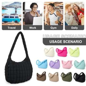 Quilted Puffer Tote Bag for Women,Large Puffy Crossbody Shoulder Bag Lightweight Nylon Hobo Bag with Zipper,Purse Puffy Quilted Carryall Bag Soft Oversized Padding Handbag for Daily Travel(Black)
