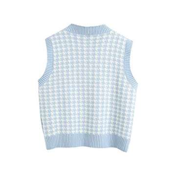 Sdencin Women Houndstooth Pattern Knit Sweater Vest Sleeveless Loose V-Neck 90s Waistcoat Pullover Knitwear Top Blue