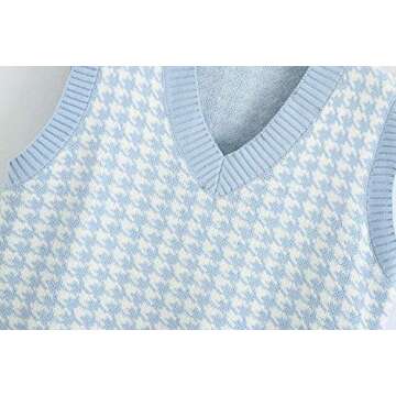 Sdencin Women Houndstooth Pattern Knit Sweater Vest Sleeveless Loose V-Neck 90s Waistcoat Pullover Knitwear Top Blue