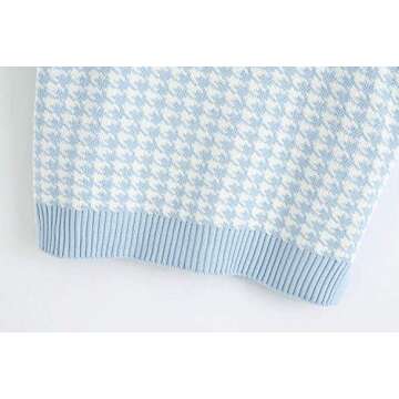 Sdencin Women Houndstooth Pattern Knit Sweater Vest Sleeveless Loose V-Neck 90s Waistcoat Pullover Knitwear Top Blue