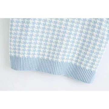 Sdencin Women Houndstooth Pattern Knit Sweater Vest Sleeveless Loose V-Neck 90s Waistcoat Pullover Knitwear Top Blue