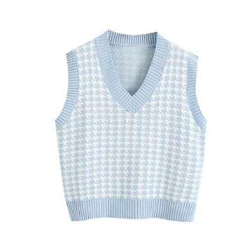 Sdencin Women Houndstooth Pattern Knit Sweater Vest Sleeveless Loose V-Neck 90s Waistcoat Pullover Knitwear Top Blue