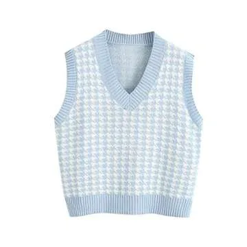 Sdencin Women Houndstooth Pattern Knit Sweater Vest Sleeveless Loose V-Neck 90s Waistcoat Pullover Knitwear Top Blue