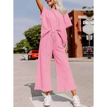 Fazortev Womens 2 Piece Outfits Sweatsuit Short Sleeve Tops and Drawstring Waist Cropped Wide Leg Pants Loungewear Sets Pink
