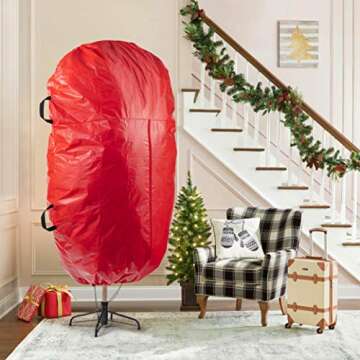 Zober Upright Christmas Tree Storage Bag - Fits 9 Ft Artificial Tree - Christmas Tree Bag W/Drawstring Hem, Zipper, and Carrying Handles - Plastic, Waterproof - Red