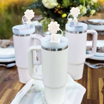 Obxquisite Straw Cover Cap for Stanley Cup, 3Pcs Flower Silicone Straw Toppers Accessories Compatible with Stanley Cup 30&40 Oz Tumbler, Straw Tips Lids for Home and Party Decor (Beige)