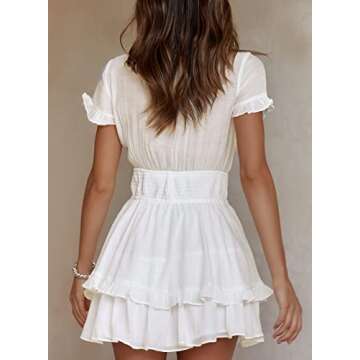 Happy Sailed Dresses for Women 2024 Party Casual Short Sleeve Front Tie Knot V Neck Ruffle Layer Summer Short Dresses Elastic Wasit Boho Mini Dresses White Medium