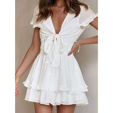 Happy Sailed Dresses for Women 2024 Party Casual Short Sleeve Front Tie Knot V Neck Ruffle Layer Summer Short Dresses Elastic Wasit Boho Mini Dresses White Medium