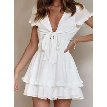 Happy Sailed Dresses for Women 2024 Party Casual Short Sleeve Front Tie Knot V Neck Ruffle Layer Summer Short Dresses Elastic Wasit Boho Mini Dresses White Medium