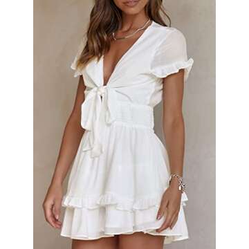 Happy Sailed Dresses for Women 2024 Party Casual Short Sleeve Front Tie Knot V Neck Ruffle Layer Summer Short Dresses Elastic Wasit Boho Mini Dresses White Medium