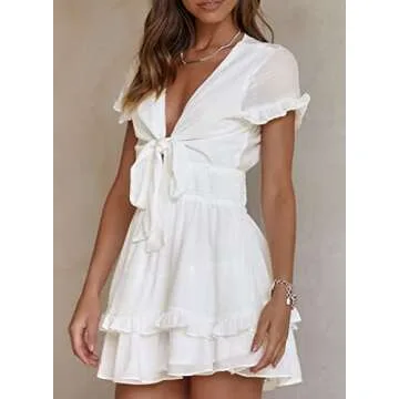 Happy Sailed Dresses for Women 2024 Party Casual Short Sleeve Front Tie Knot V Neck Ruffle Layer Summer Short Dresses Elastic Wasit Boho Mini Dresses White Medium