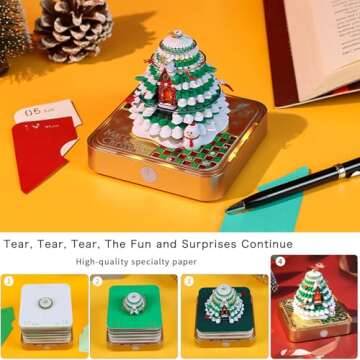 SIWEME Time Piece Calendar, 3D Art Calendar Memo Pad 2025 Creative Desk Calendar with Light,Christmas Tree Rip Away Paper Carving Memo Pad Art Notepad Decorative Gifts