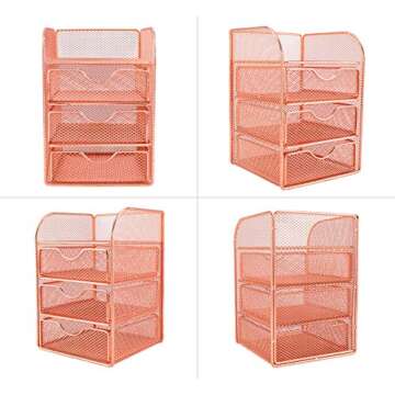 PAG Rose Gold Desk Organizer Stick Note Holder Mesh Office Supplies and Accessories Storage Caddy with 3 Drawers