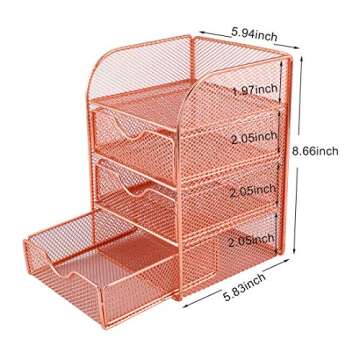 PAG Rose Gold Desk Organizer Stick Note Holder Mesh Office Supplies and Accessories Storage Caddy with 3 Drawers