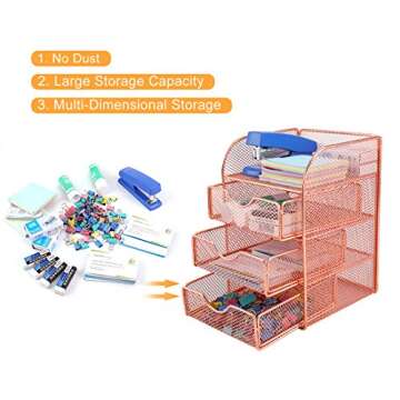 PAG Rose Gold Desk Organizer Stick Note Holder Mesh Office Supplies and Accessories Storage Caddy with 3 Drawers