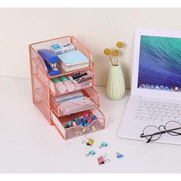 PAG Rose Gold Desk Organizer Stick Note Holder Mesh Office Supplies and Accessories Storage Caddy with 3 Drawers