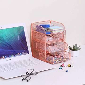 PAG Rose Gold Desk Organizer Stick Note Holder Mesh Office Supplies and Accessories Storage Caddy with 3 Drawers