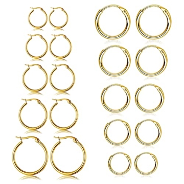 10 Pairs Gold Hoop Earrings for Women Small Stainless Steel Hypoallergenic Earrings Set Mens Unisex ...
