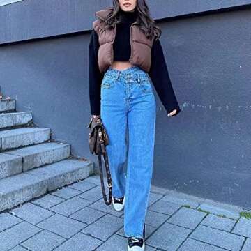 KEOMUD Women's Winter Crop Vest Lightweight Sleeveless Warm Outerwear Puffer Vest Padded Gilet Brown X-Small