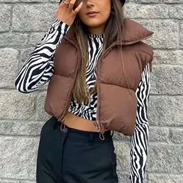 KEOMUD Women's Winter Crop Vest Lightweight Sleeveless Warm Outerwear Puffer Vest Padded Gilet Brown X-Small