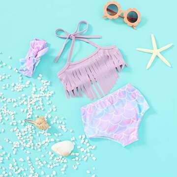 Infant Baby Girl 3Pcs Halter Swinsuit Summer Sunflower Beach Clothes Newborn Mermaid Bathing Suit Ta...