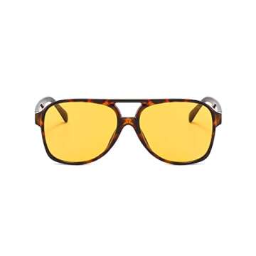 IKUVNA Vintage Aviator Sunglasses for Women Men 70s Glasses Retro Oversized Yellow Lens Shades (Leop...