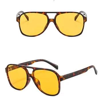 IKUVNA Vintage Aviator Sunglasses for Women Men 70s Glasses Retro Oversized Yellow Lens Shades (Leopard Yellow)