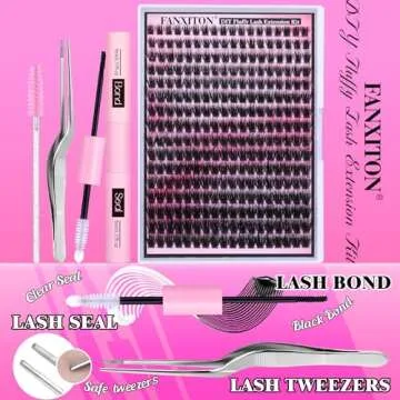 FANXITON DIY Lash Extension Kit Fluffy Lash Clusters 288 pcs Thick Lash Clusters Kit D Curl 10-18 mm Cluster Eyelash Extension Kit with Lash Bond and Seal Lash Tweezers Individual Lashes For Beginners