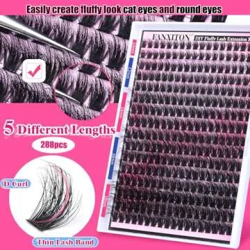 FANXITON DIY Lash Extension Kit Fluffy Lash Clusters 288 pcs Thick Lash Clusters Kit D Curl 10-18 mm Cluster Eyelash Extension Kit with Lash Bond and Seal Lash Tweezers Individual Lashes For Beginners