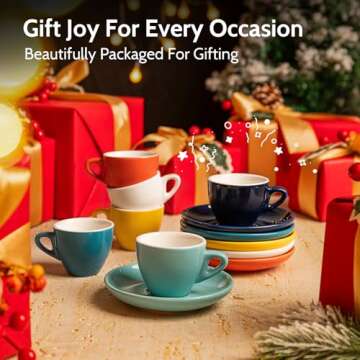 Sweese Espresso Cups with Saucers, 4 Ounce Demitasse Cups, Perfect for Single or Double Espresso, Cappuccino, Latte and Tea - Set of 6, Multicolor, Hot Assorted Colors