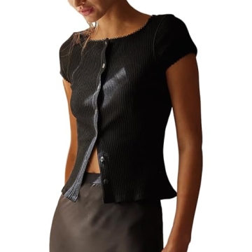 Women Button Up Top Cap Sleeve Rib Kint Picot Trim Shirt Slim Fit Y2k Casual Basic Cardigan Tops (US...