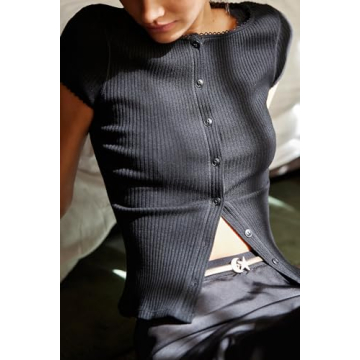 Women Button Up Top Cap Sleeve Rib Kint Picot Trim Shirt Slim Fit Y2k Casual Basic Cardigan Tops (US, Alpha, Small, Regular, Regular, Black)