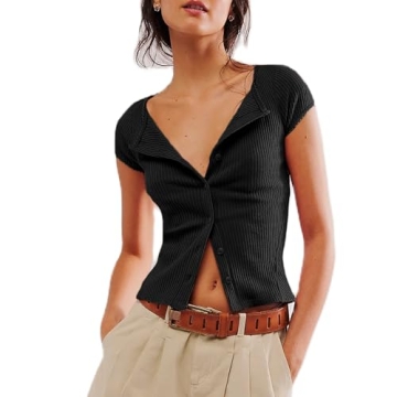 Women Button Up Top Cap Sleeve Rib Kint Picot Trim Shirt Slim Fit Y2k Casual Basic Cardigan Tops (US, Alpha, Small, Regular, Regular, Black)