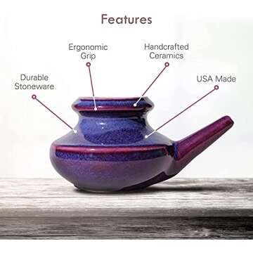 Baraka Handcrafted Ceramic Neti Pot - Sinus Tool Kit for Home - Nose & Nasal Cleaner - Dishwasher Safe - Durable Ceramic Neti Pot- Food Grade Ceramic Glazes - Lightweight - Made in USA - 10oz (Purple)