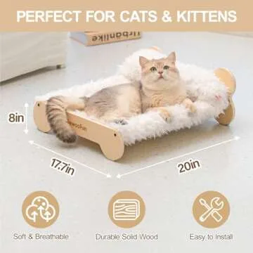 MEWOOFUN Cute Cat Beds for Indoor Cats, 20 X 17.7 in Elevated Cat Bed & Furniture, Wooden Cat Hammock Bed with Pillow, Fluffy Small Cat Bed Washable for Kitty, Plush White