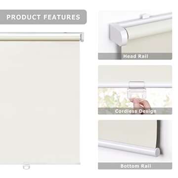 LazBlinds No Tools No Drill Cordless Roller Shades, 100% Blackout Roller Blinds for Windows, Thermal Insulated UV Protection Waterproof Roll Up Window Blinds and Shades, 29'' W x 72'' H, Cream