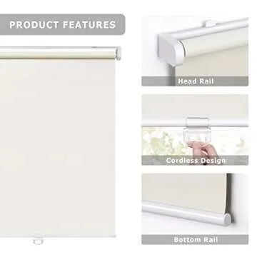 LazBlinds No Tools No Drill Cordless Roller Shades, 100% Blackout Roller Blinds for Windows, Thermal Insulated UV Protection Waterproof Roll Up Window Blinds and Shades, 29'' W x 72'' H, Cream