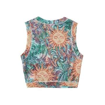 WDIRARA Women's Graphic Print Round Neck Sleeveless Slim Fit Crop Tank Top Multicolored