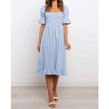 XIONGMEI Women Summer Casual Dresses 2023 Short Puff Sleeve Square Neck Smocked A-Line Solid Ruffle Flowy Midi Dress (Small, Solid Blue)