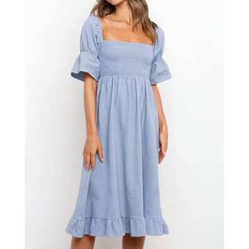 XIONGMEI Women Summer Casual Dresses 2023 Short Puff Sleeve Square Neck Smocked A-Line Solid Ruffle Flowy Midi Dress (Small, Solid Blue)