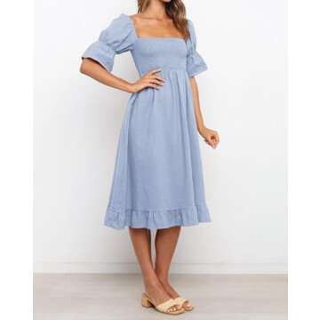 XIONGMEI Women Summer Casual Dresses 2023 Short Puff Sleeve Square Neck Smocked A-Line Solid Ruffle Flowy Midi Dress (Small, Solid Blue)